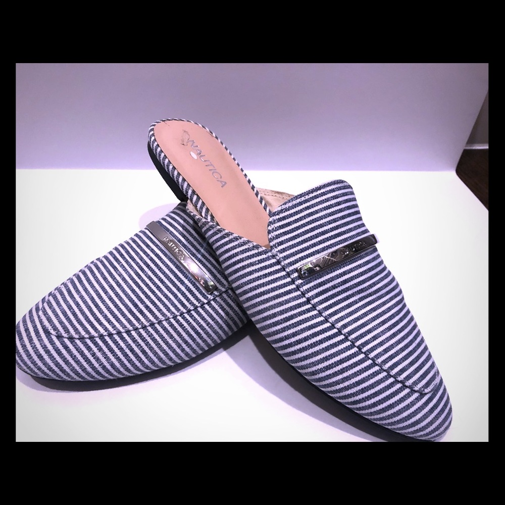 Blue & White pinstripe slip on loafers